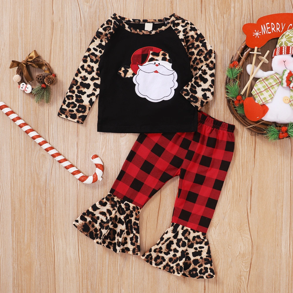 Toddler Girl 2 Pieces Christmas Outfit, Print Tops + Plaid Flare Pant