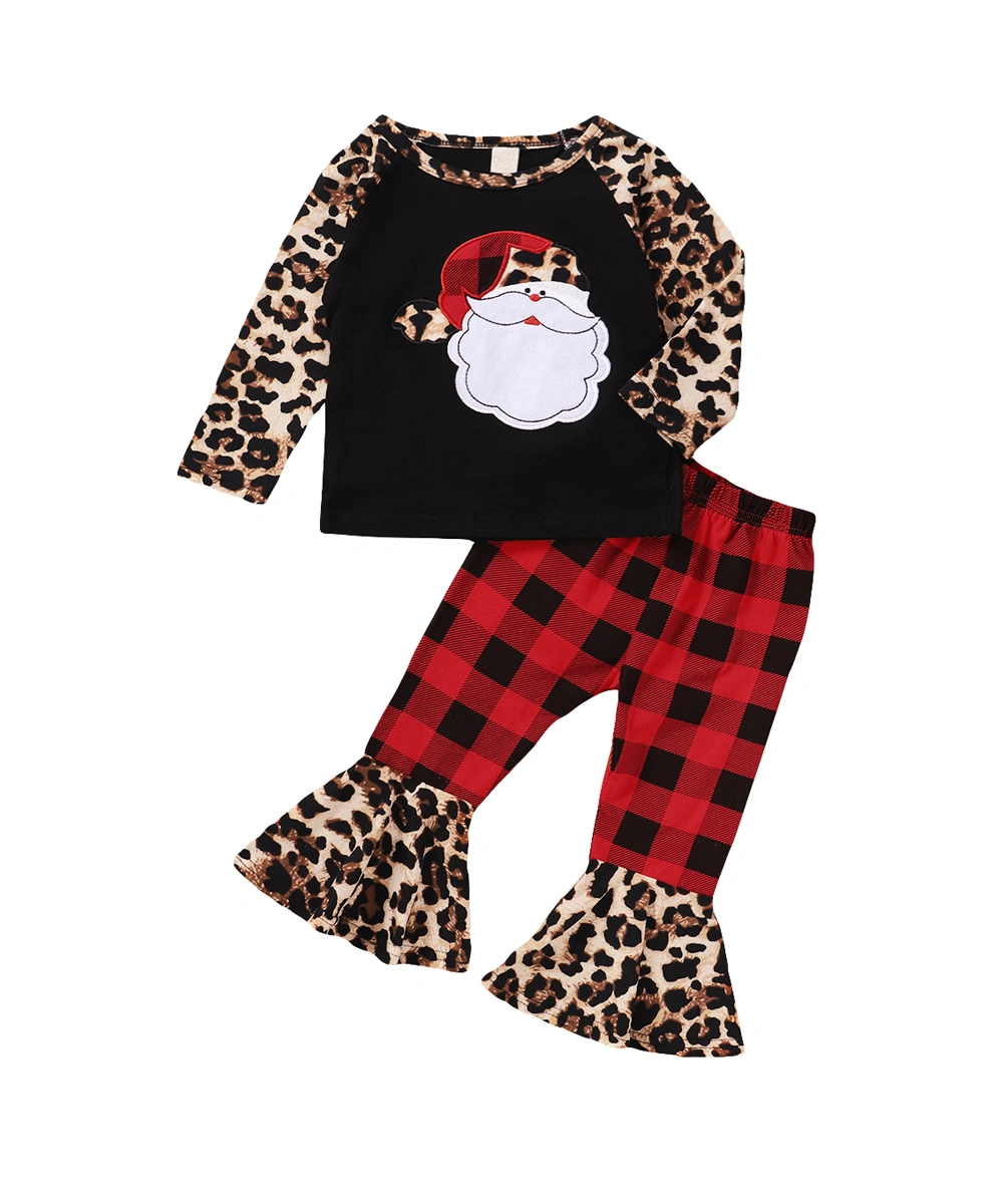 Toddler Girl 2 Pieces Christmas Outfit, Print Tops + Plaid Flare Pant