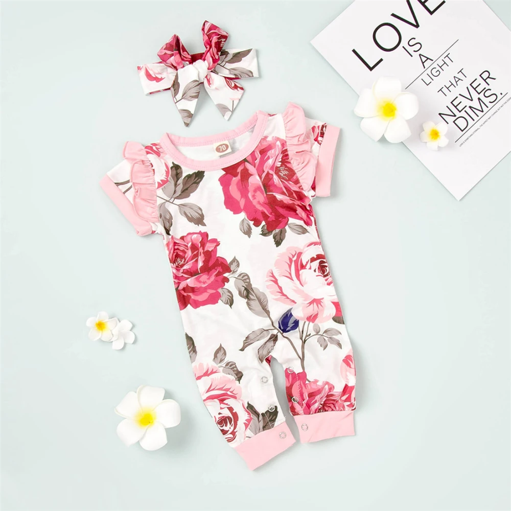 Baby Girls Romper Floral Printed Short Sleeve Jumpsuit Headband