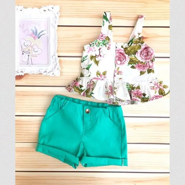 Toddler Girls Clothes Set, Floral Print Cropped Tops+Solid Color Shorts