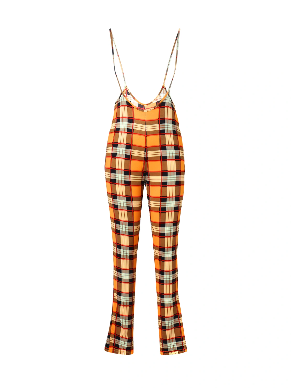 Women Plaid Pattern Jumpsuit, Slim Suspender Pants with Spaghetti Straps