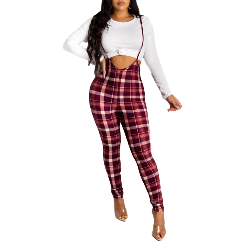 Women Plaid Pattern Jumpsuit, Slim Suspender Pants with Spaghetti Straps