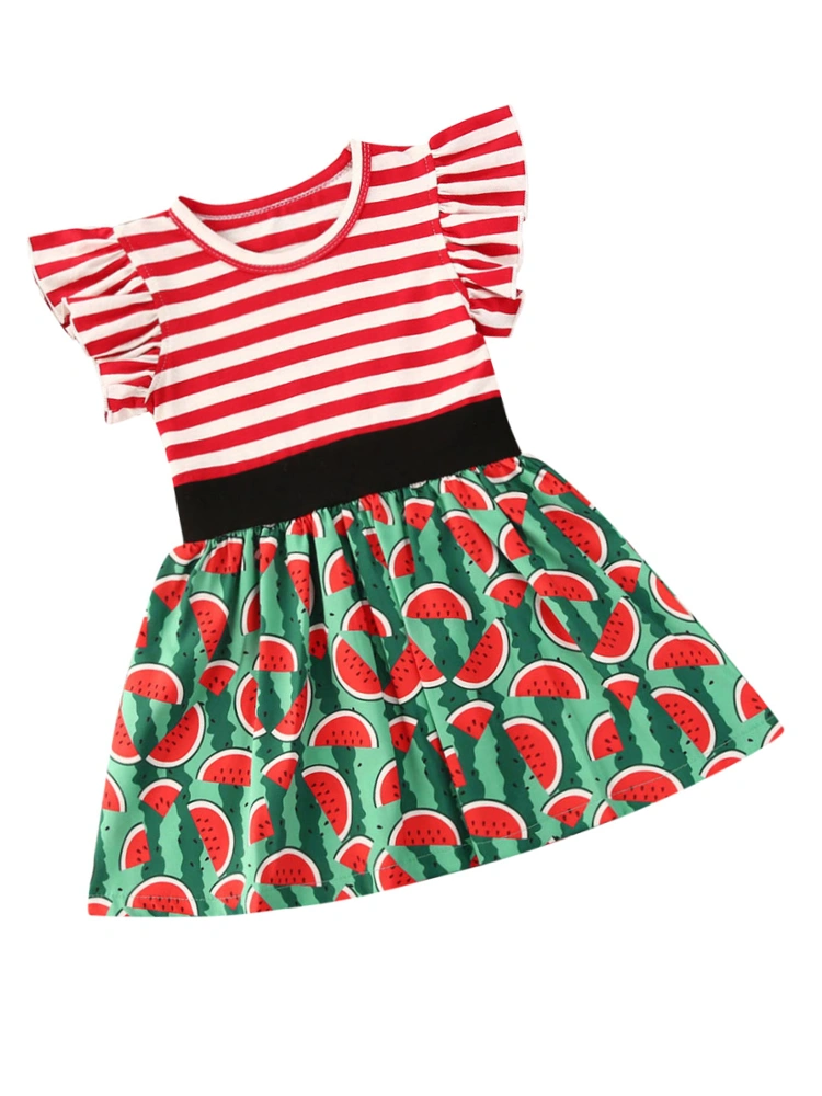 Toddler Girl Fly Sleeve Dress, Stripe Watermelon Print Patchwork Dress