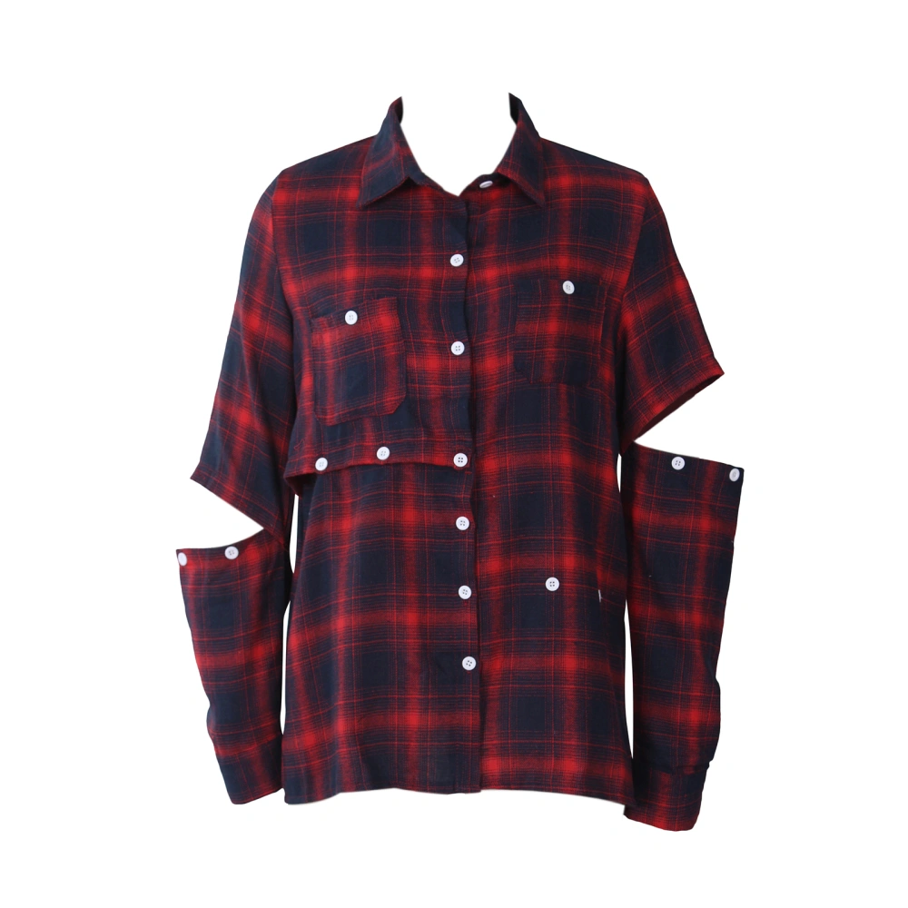 Women Button Down Plaid Shirt Cut Out Long Sleeve Loose Lapel Blouse with Pocket