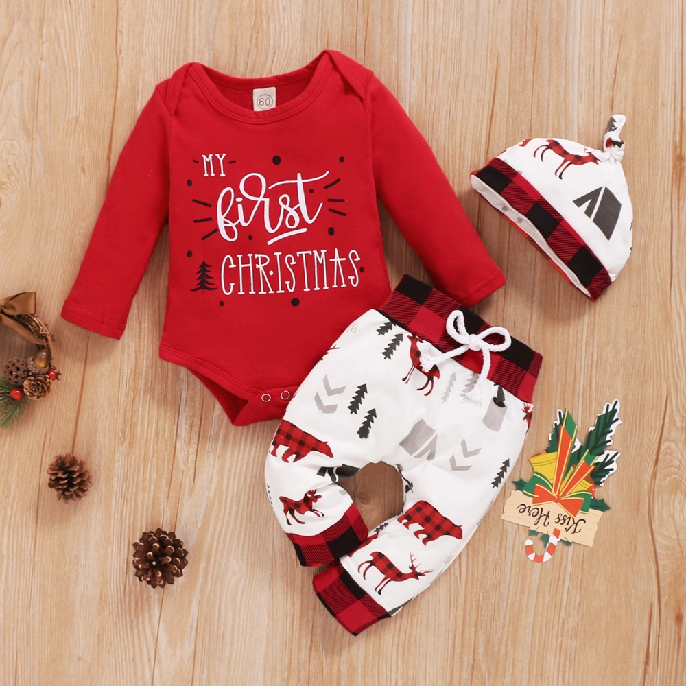 Baby's 3Pcs Christmas Romper Set, Crotch Top with Printed Pants and Hat