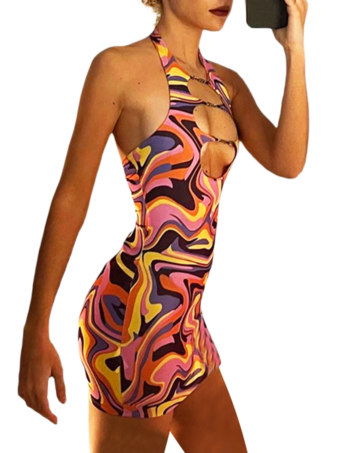 Women Halter Dress Solid Color/Printing Hollow-Out Mini Bodycon Dress