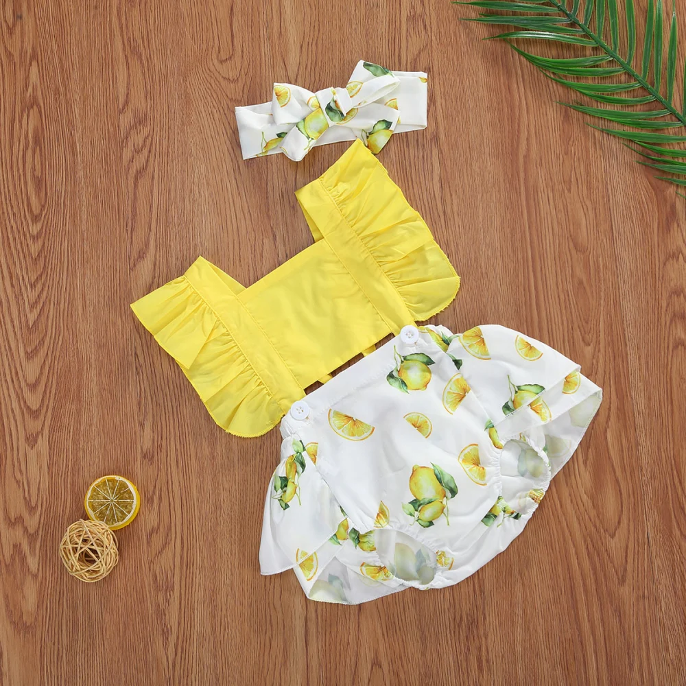 Baby Girl Lemon Print Romper Flying Sleeve Jumpsuit + Headband