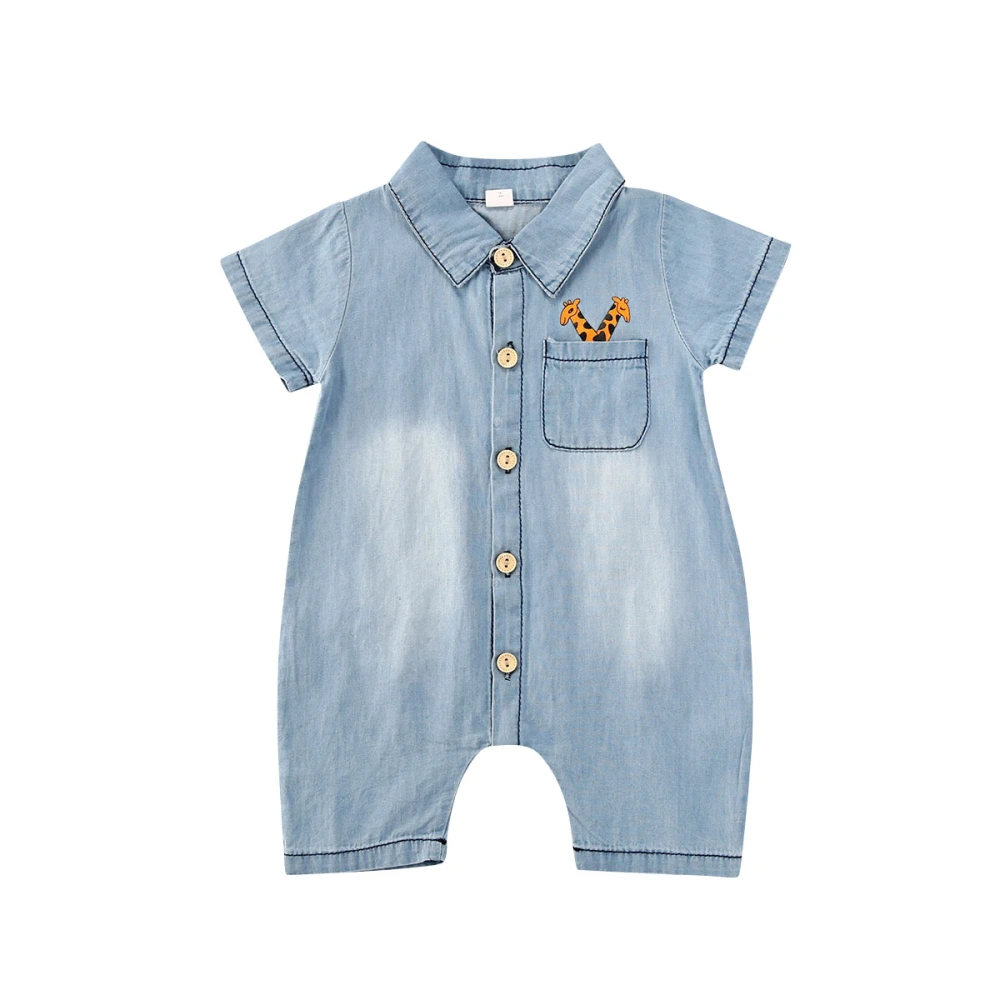 Newborn Infant Denim Romper, Unisex Cartoon Giraffe Print Long Pants Jumpsuit