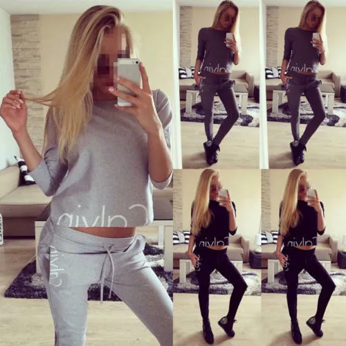 Women Tracksuit Long Loose Top Drawing Straps Trousers Yoga Jogging Outfit Set