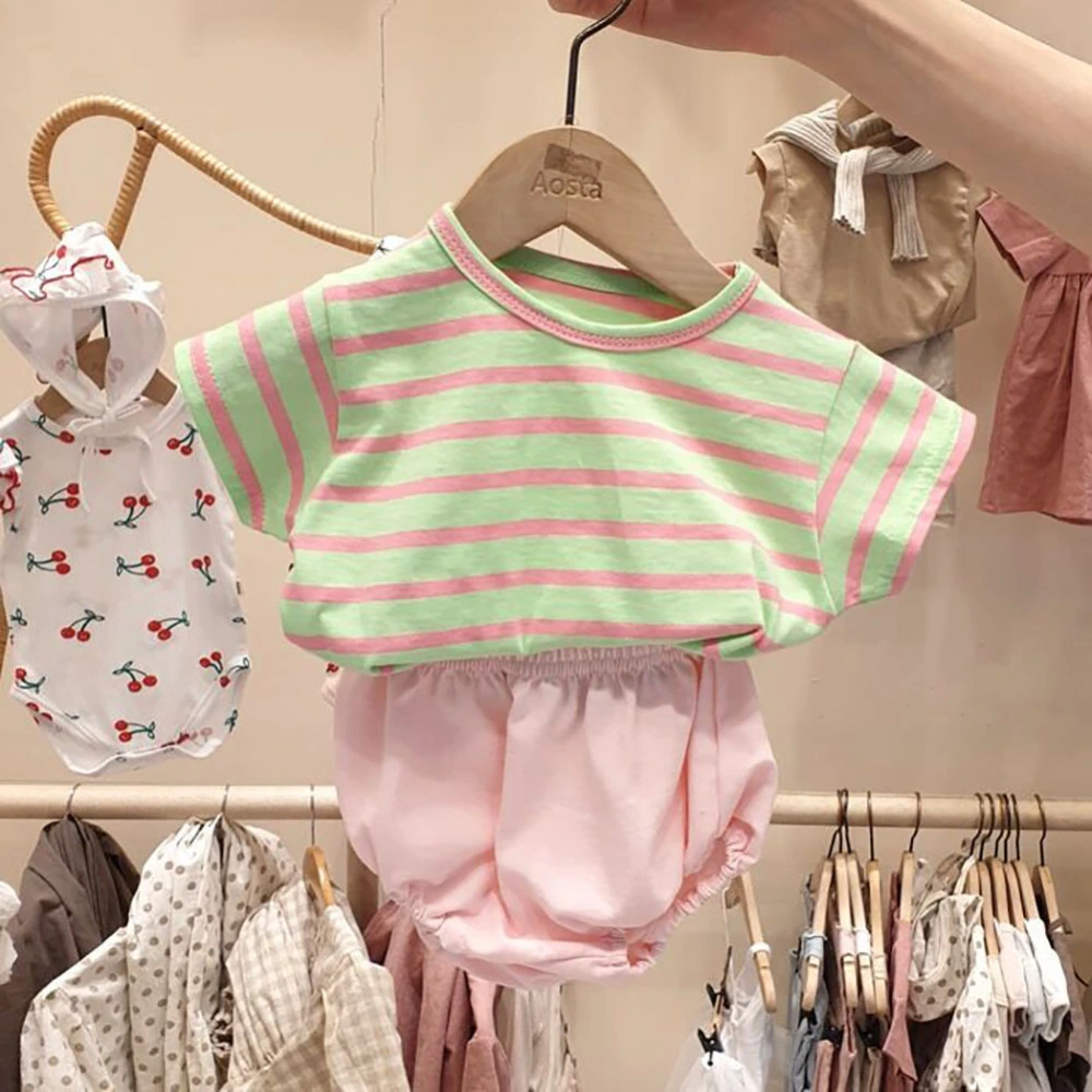 Newborn Baby Summer Clothes Set Short Sleeve Stripe T-shirt+Solid Color Shorts