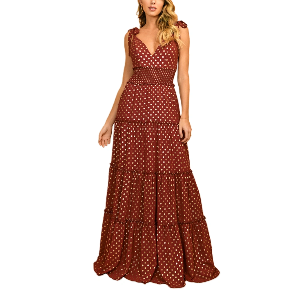 Women Summer Long Dress, Sleeveless Dot Print V-neck One-piece