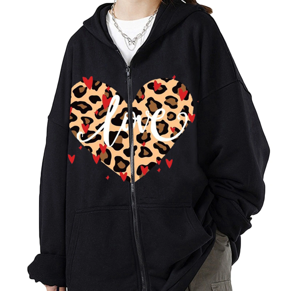 Women Hoodie, Heart Letters Leopard Print Sweatshirt with Pockets