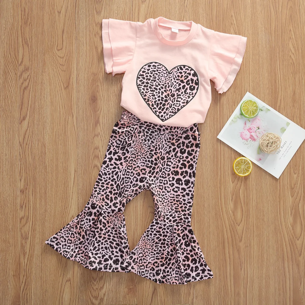 Baby Girl 2 Pcs Set, Heart-shaped Print Cute T-shirt Leopard Pants