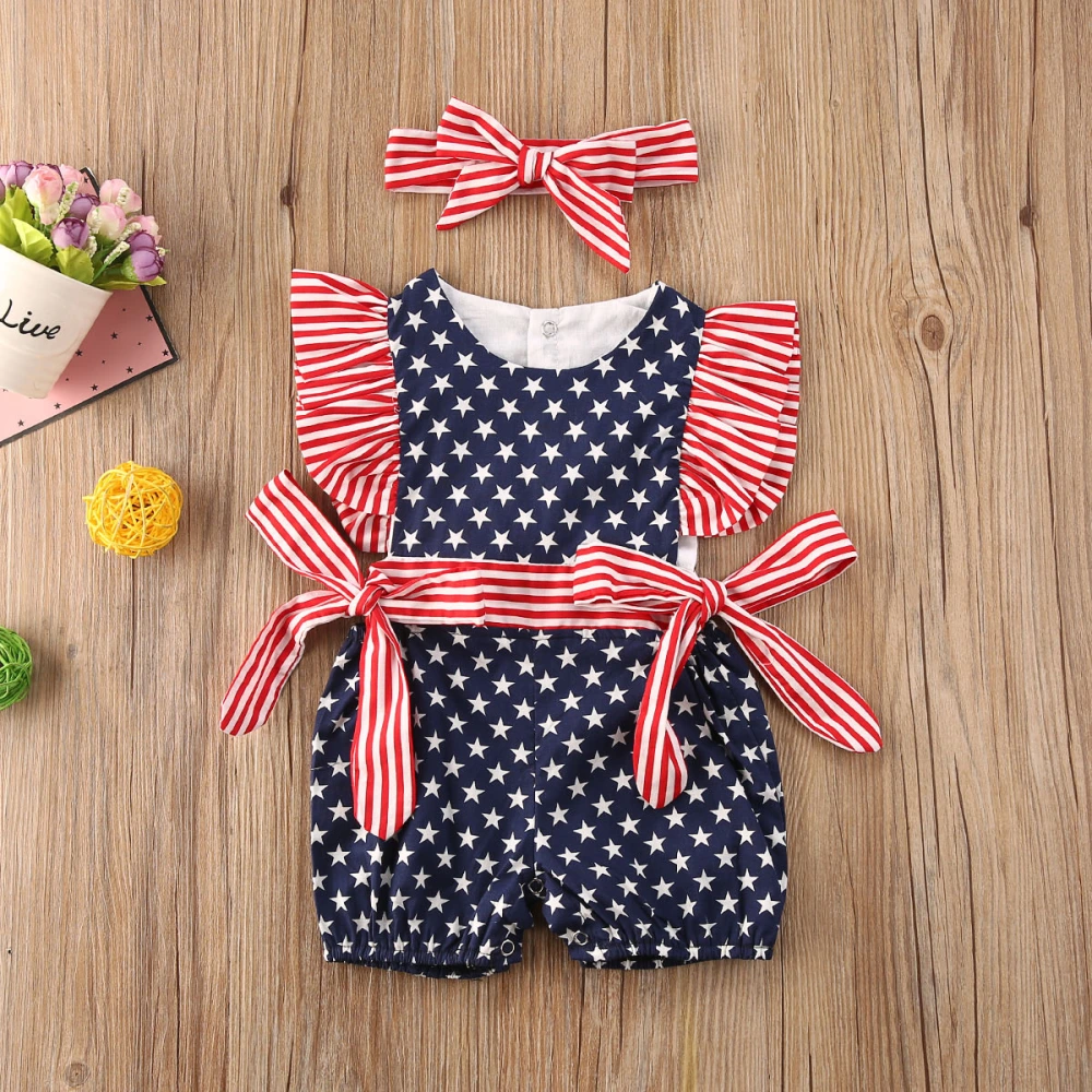 2 Pcs Baby Girl Romper Suits, Stripe Star Print Jumpsuit + Headband Sets