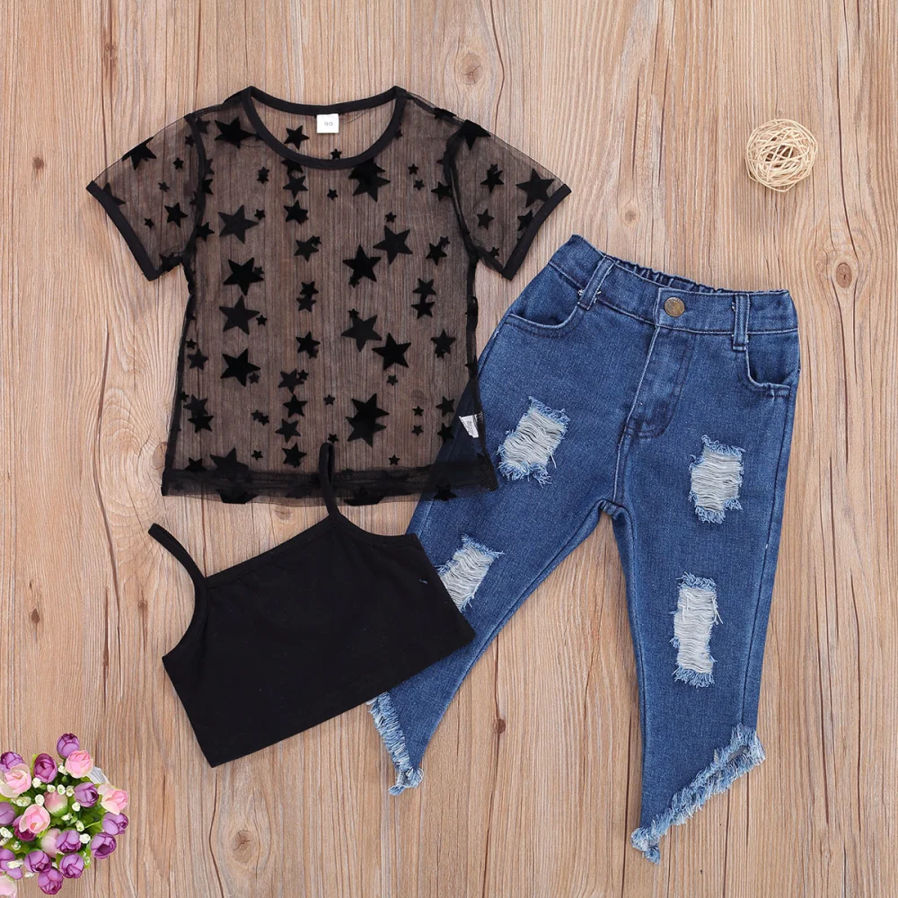 Little Girls 3PCS Outfit Set, Sheer Tops, Sling Crop Tops, Long Denim Pants Suit