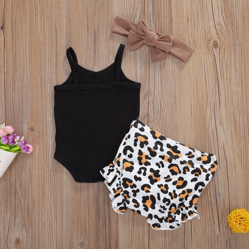 Girl's Black Sleeveless Ribbed Romper + Leopard Shorts + Headband