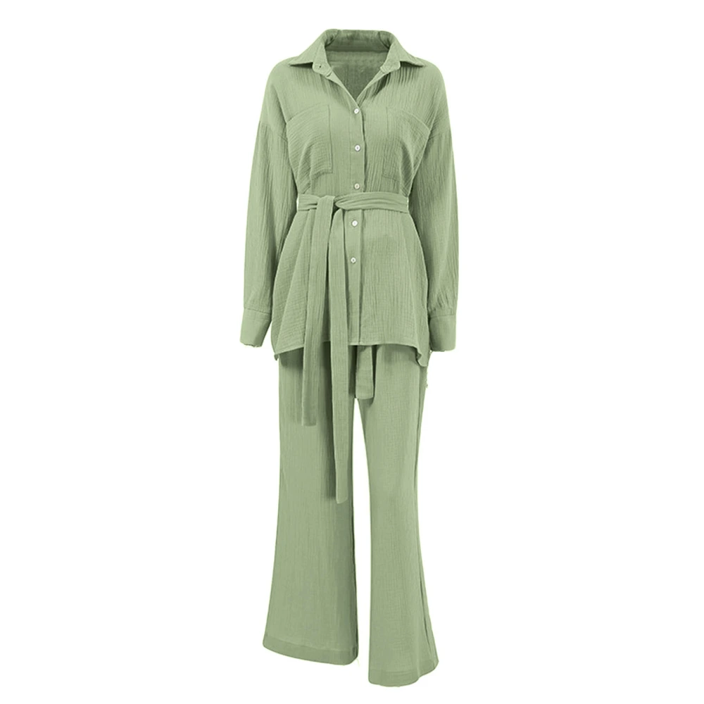 Women Pajama Set, Long Sleeve Button-down Belted Shirt with Long Pants