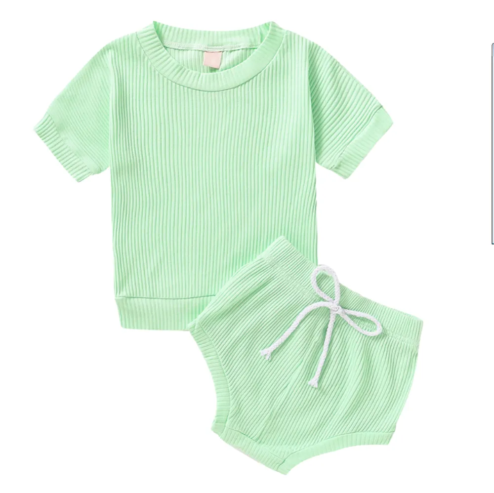 Baby Summer Tracksuit, Solid Color Ribbed T-Shirt + Drawstring Panty