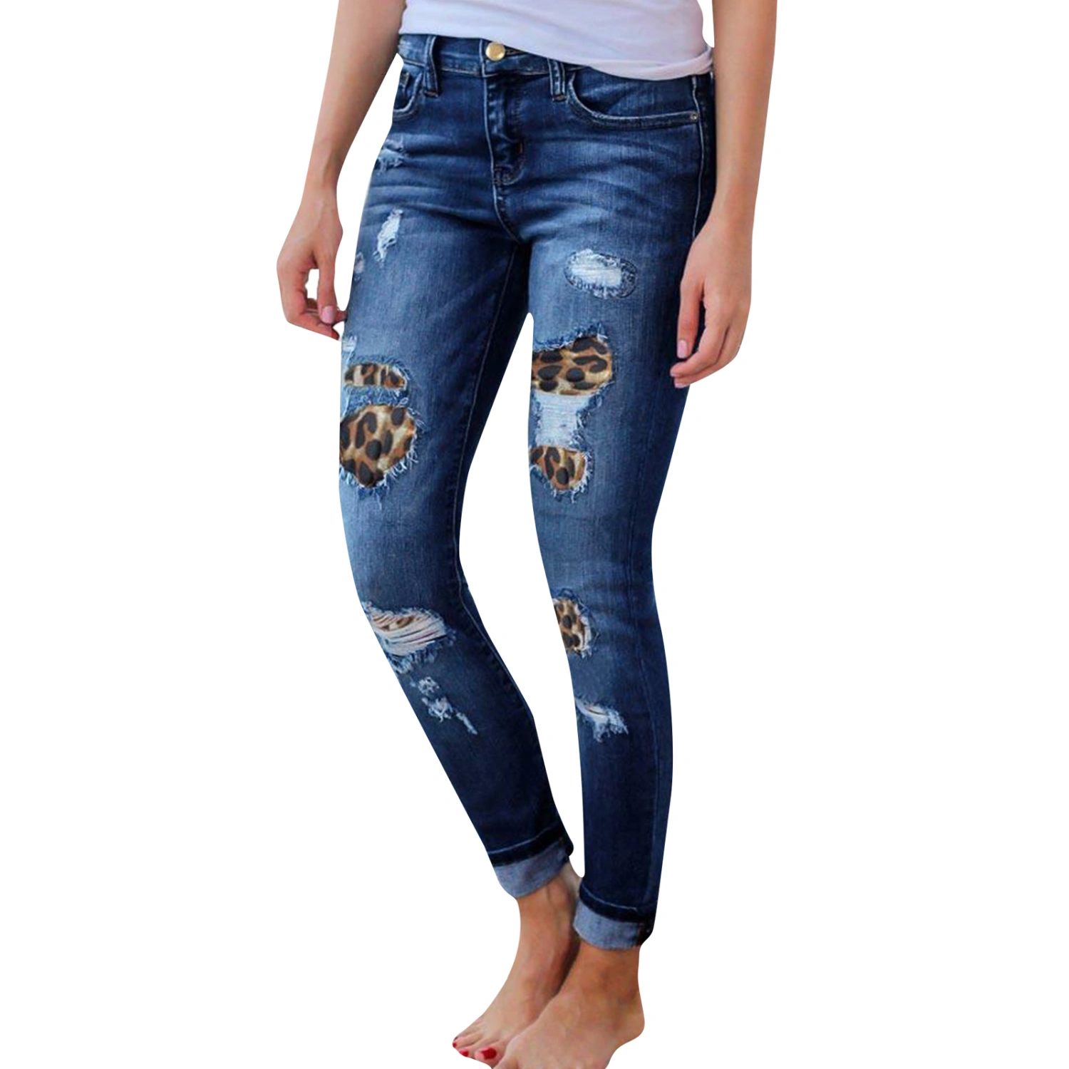 Women Skinny Ripped Jeans Mid Waist Slim Fit Leopard Patch Denim Pants