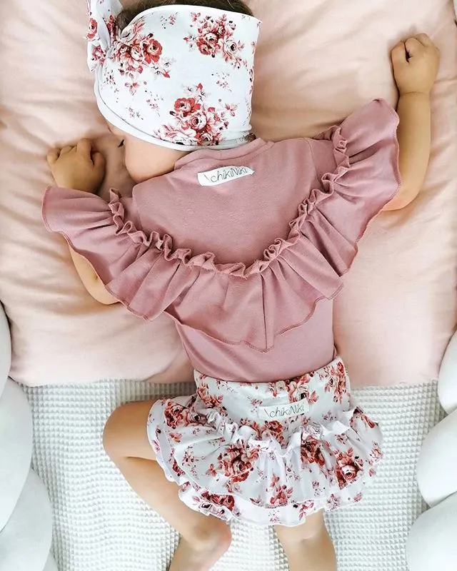 Girls Pink Sleeveless Ruffle Romper + Floral Layered Shorts + Headband