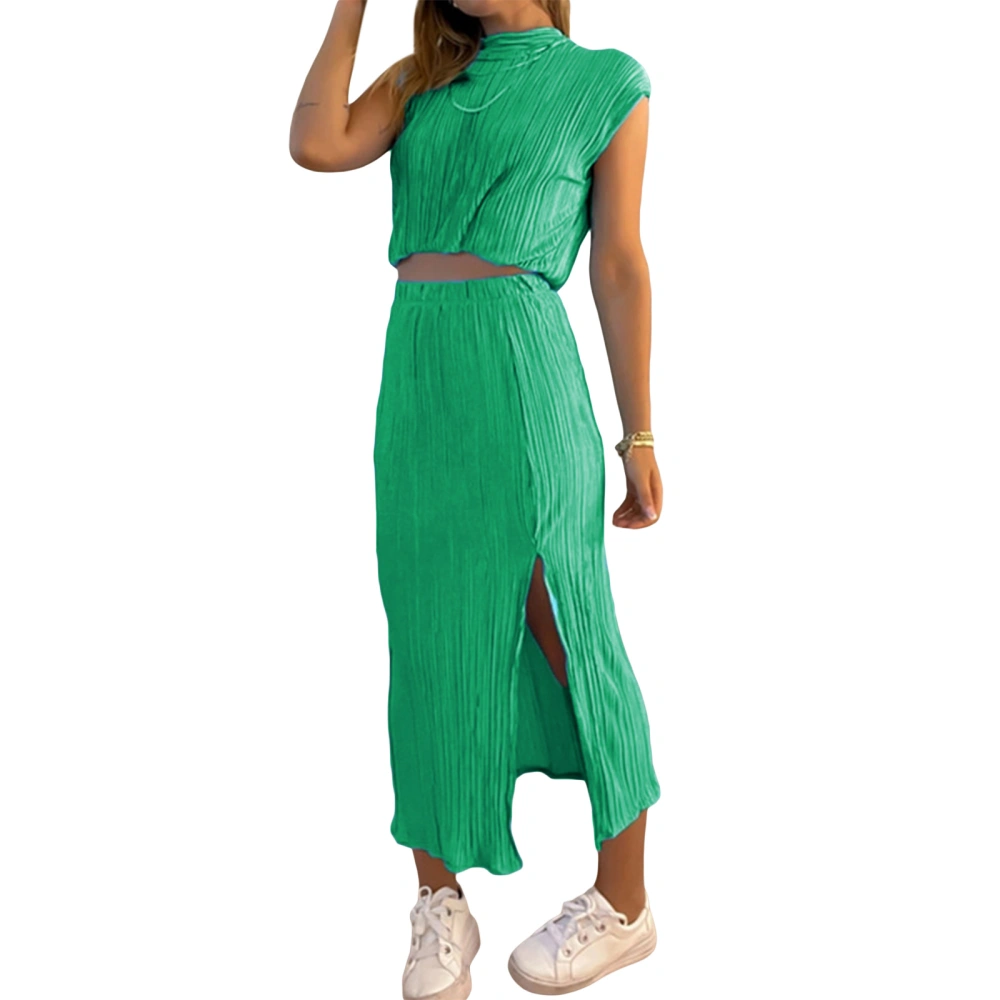 2 Piece Sets for Women Summer Solid Color Cropped Shirt and Slit Skirt