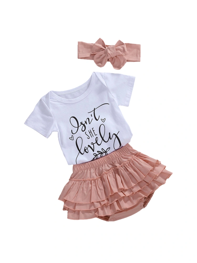 Baby Girls Summer Clothes Set Short Sleeve Romper+Ruffle Skirt+Headband