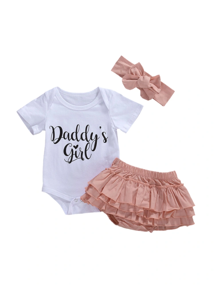 Baby Summer Outfits, Letters Print Romper + Ruffle Pant-Skirt + Headband