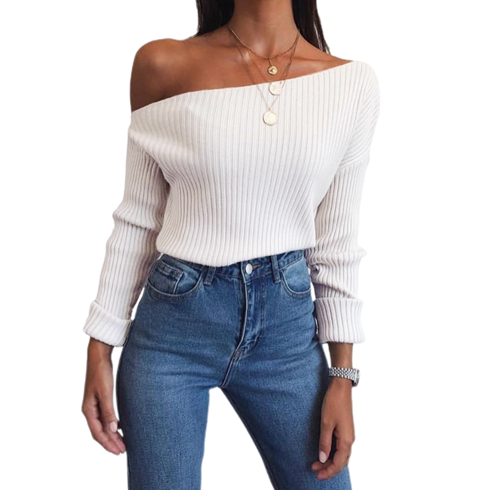 Women Irregular Solid Color Long Sleeve Skew Collar Cold Shoulder Blouse