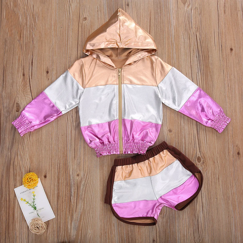 Girls Clothes Set, Pink Zipper Open Front Hooded Jacket and Shorts