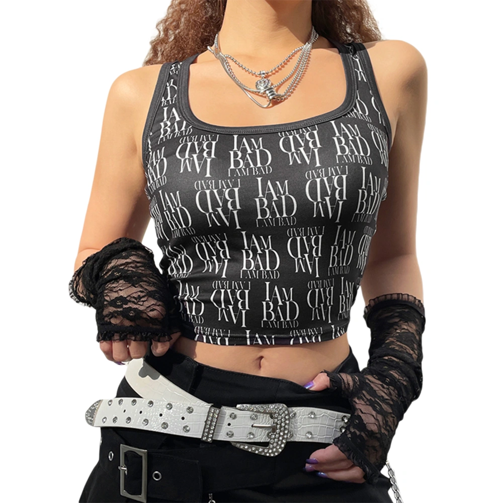 Women Letter Print Vest, Sleeveless U-neck Shows Navel Tank Tops