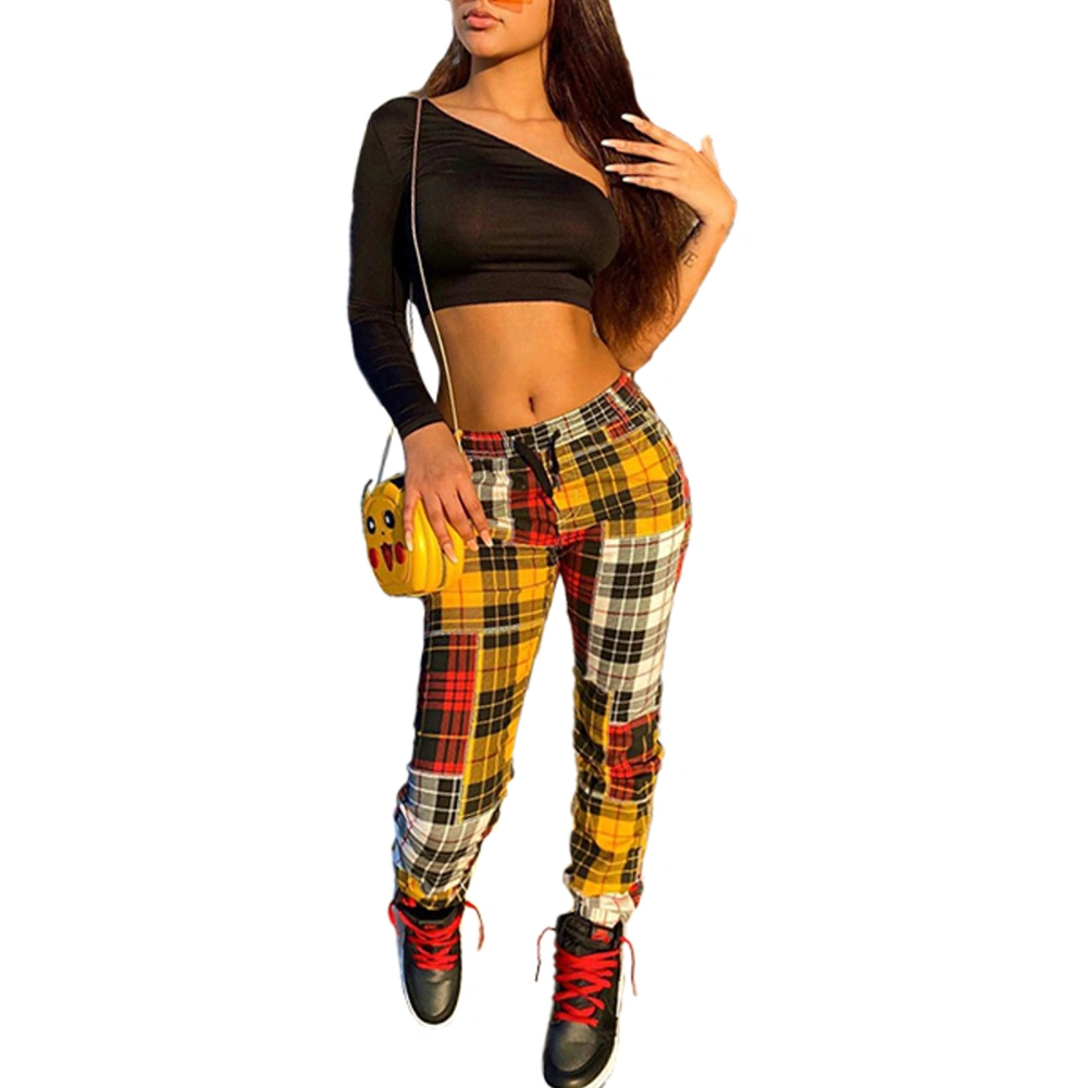 Women Color Block Trousers, Casual Style Plaid Pants with Drawstring