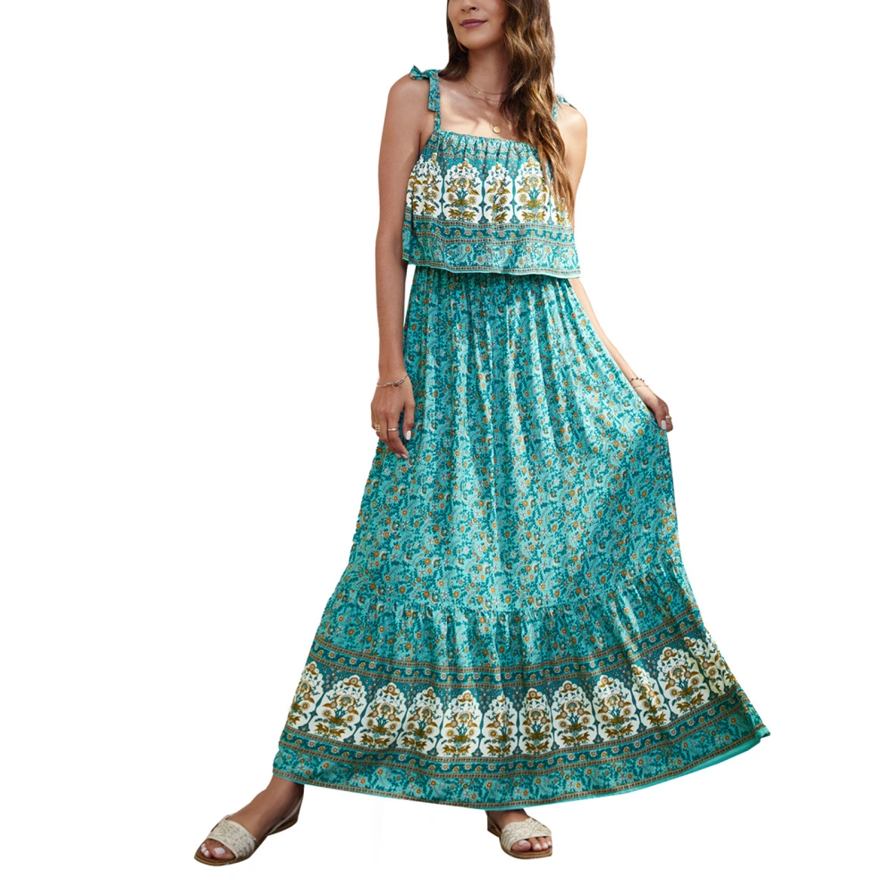 Women Boho Dress, Sleeveless Square Neck One Piece Gown Skirt