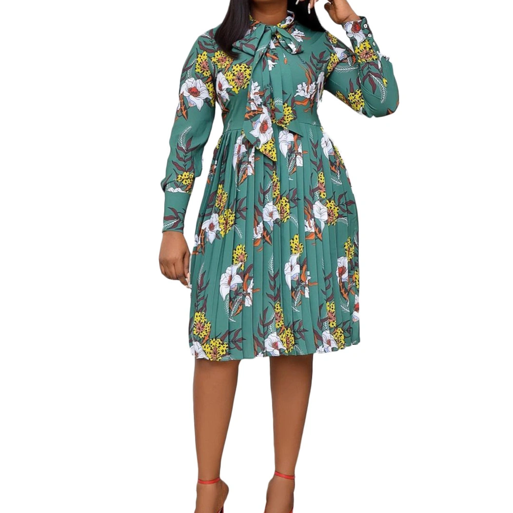 Women Floral Print Dress Long Sleeve Bow Tie Neck Pleated Midi Dress