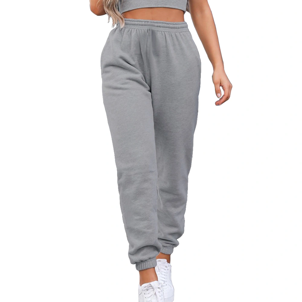 Women's Elastic Waist Solid Color Plush Lining Loose Sweatpants with Pockets