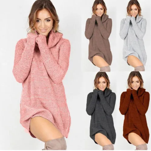 Women Long Sleeve Sweater, Pullover Tops Dress, Winter Turtleneck Dress