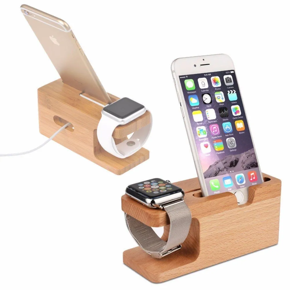 2 In 1 Charging Station Dock Desktop Holder,  Wooden Charger Stand Station