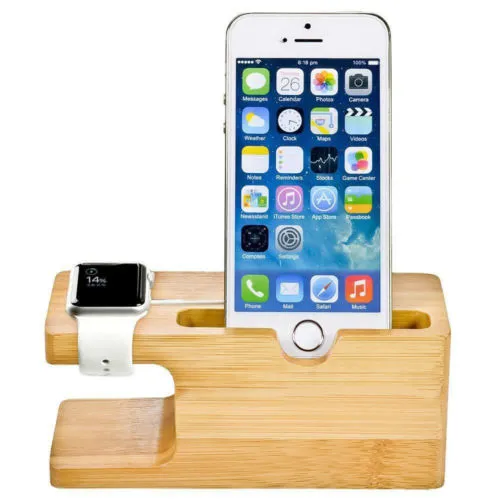 2 In 1 Charging Station Dock Desktop Holder,  Wooden Charger Stand Station