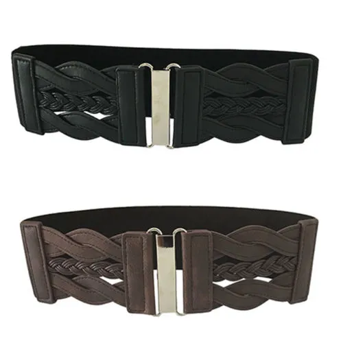 Ladies Belt Wide Double Buckle Closure High Elasticity Retro Belt