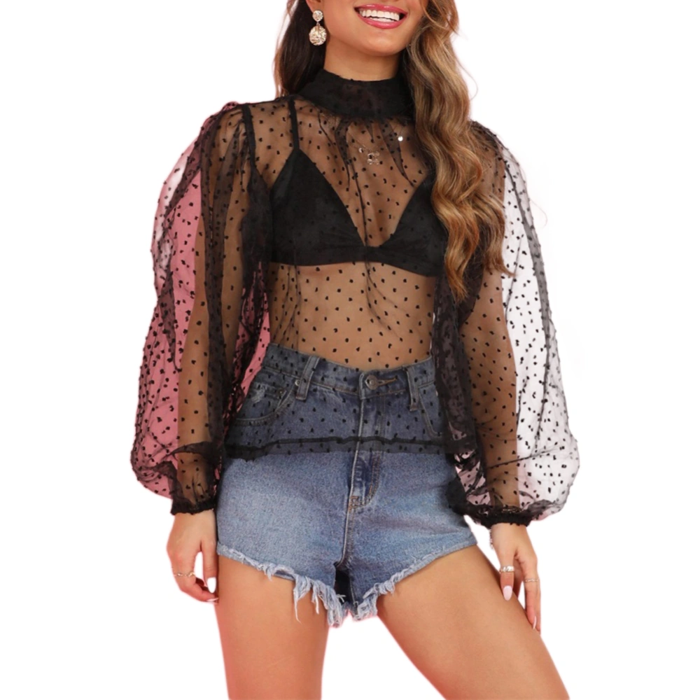 Women Summer See Through Top, Solid Color Polka Dot Sheer Mesh Top