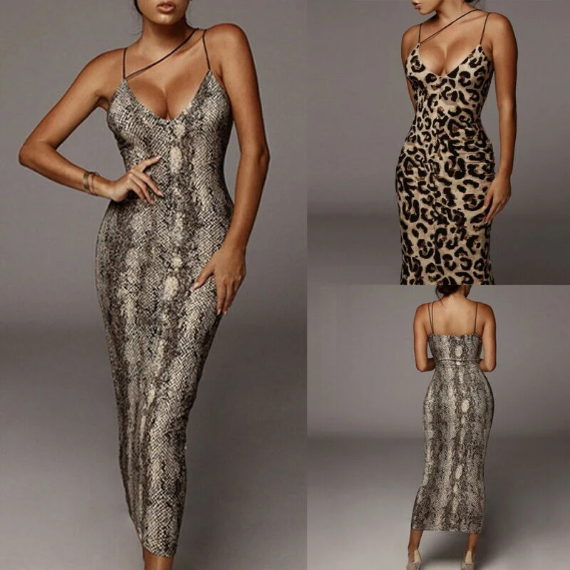 Women Sleeveless V-neck Dress, Leopard Snake Dress,Suspender Dress