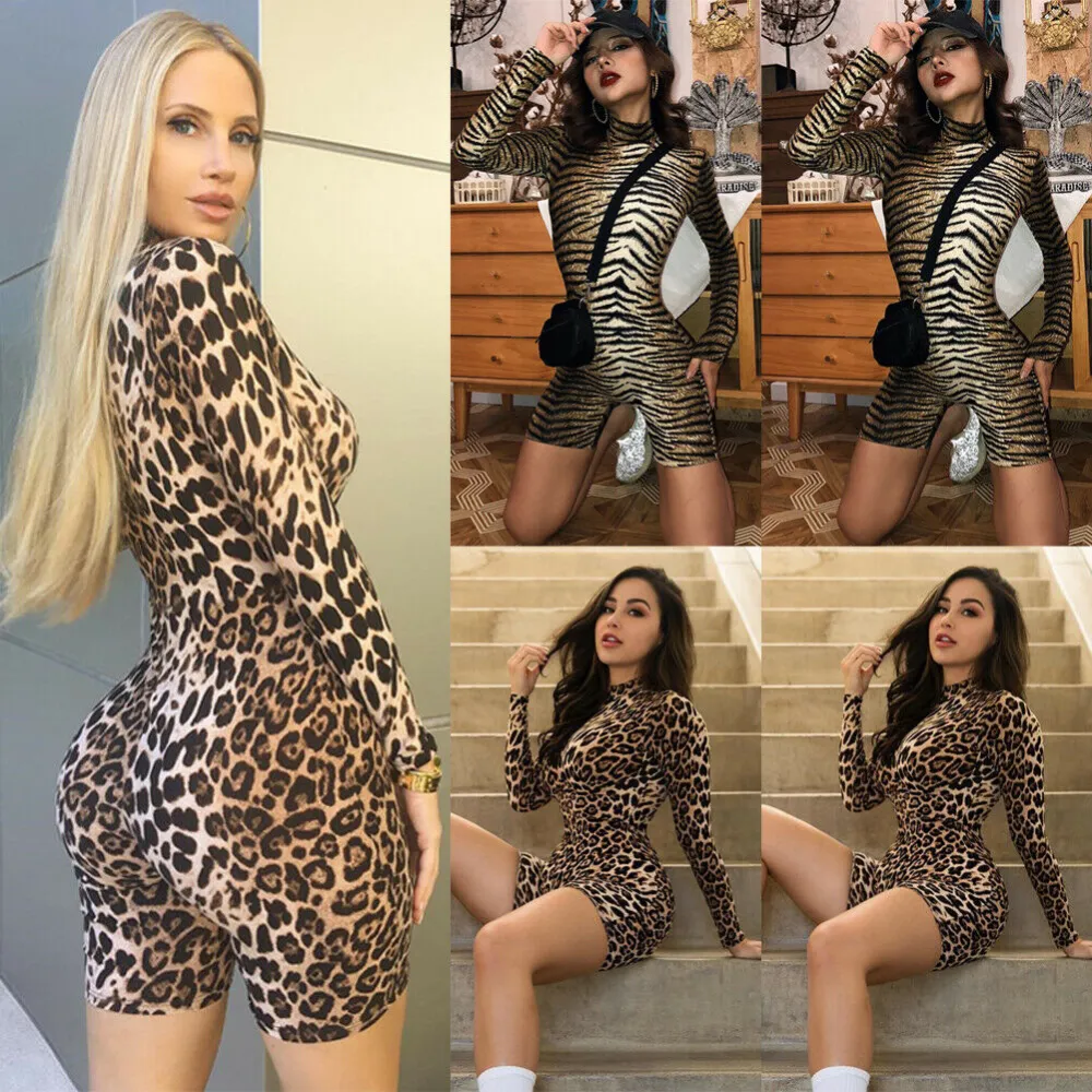 Women’s Casual Tiger or Leopard Pattern Long-sleeved Tight Jumpsuit