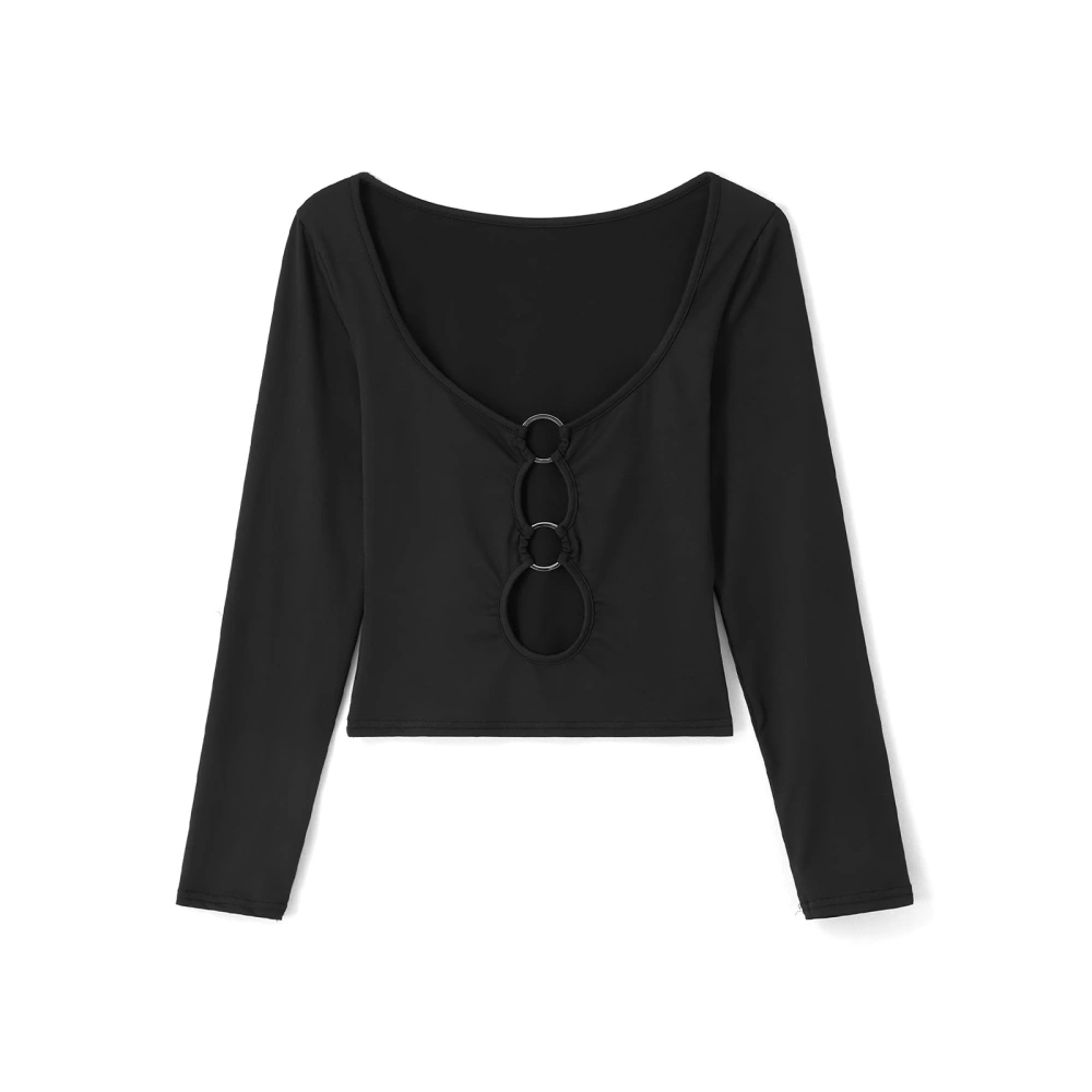 Female Pullover, Solid Color Long Sleeve Low-Cut Hollow Out Crop Tops