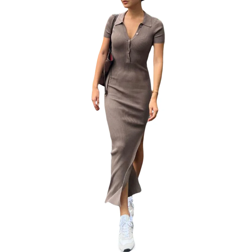 Women Casual Dress, Solid Lapel Button-Up Short Sleeve Fitted Dress