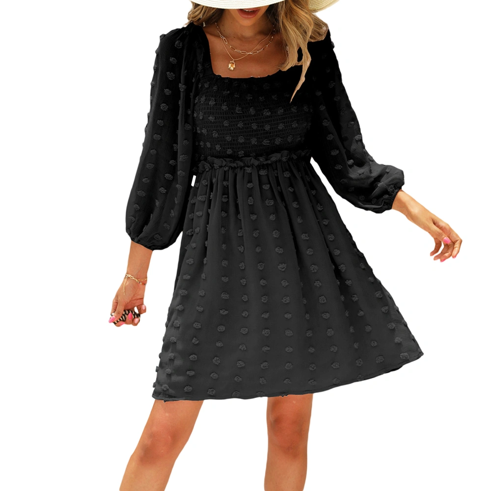 Women Swiss Dot Jacquard Dress, 3/4 Lantern Sleeve Mini A-Line Dress