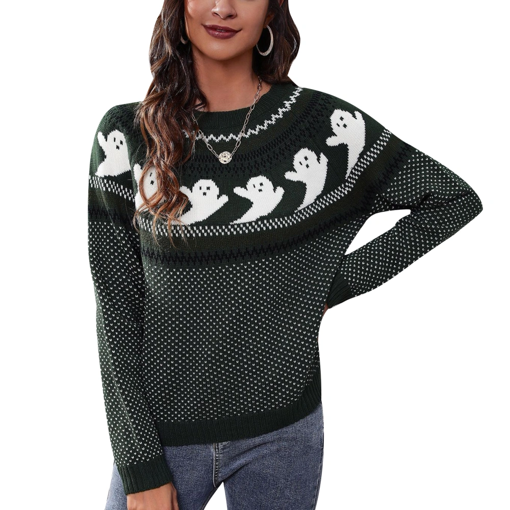 Women Halloween Sweater, Ghost Pattern Crew Neck Long Sleeve Knitwear