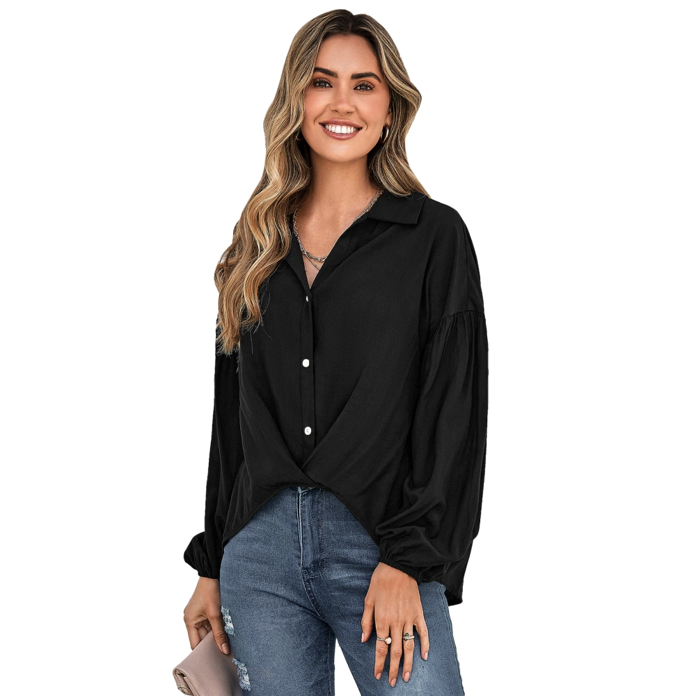 Female Solid Color Turn-Down Collar Long Sleeve Button-Down Shirt