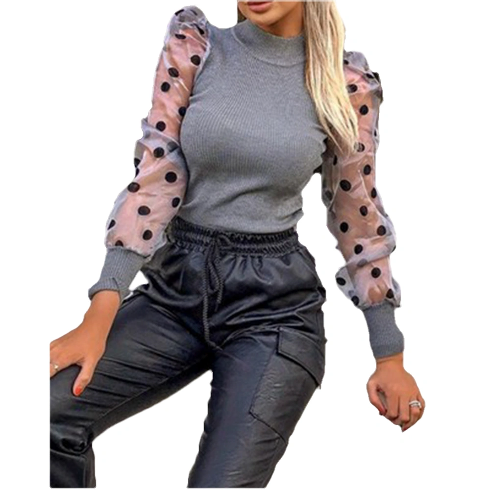 Women Bodysuits Polka Dots Sheer Mesh Puff Long Sleeve Knitted Blouse Tops