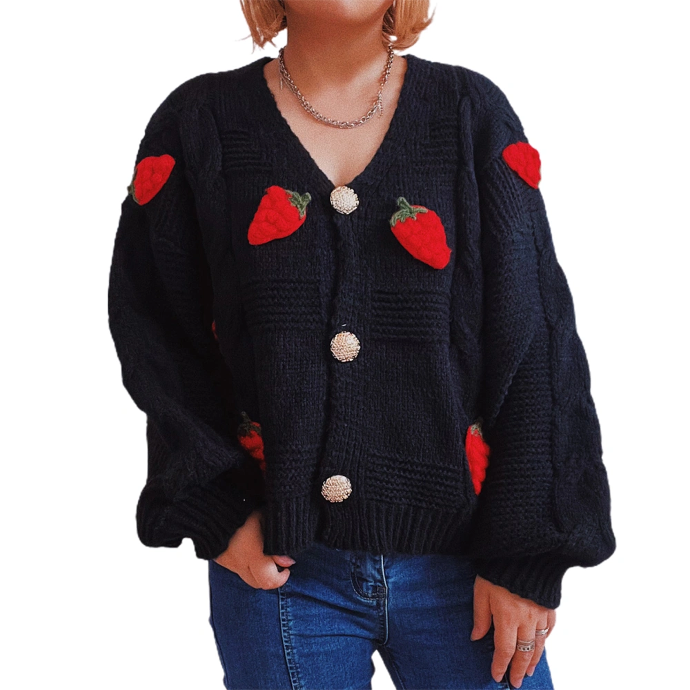 Women Cable-knit Sweater, 3D Strawberry Embroidery Pattern Cardigan