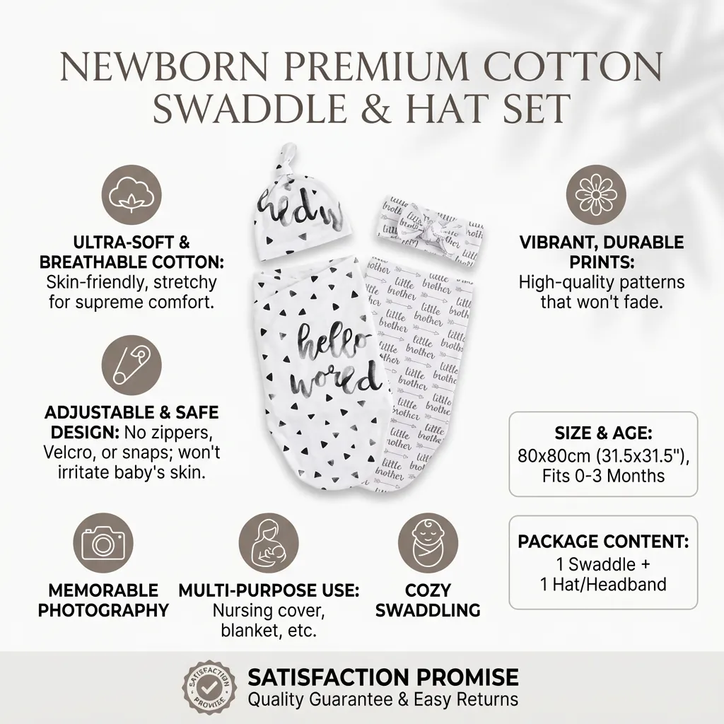 Newborn Baby Cotton Sleeping Bag, Blanket Swaddle Wrap+Printed Hat/Headband