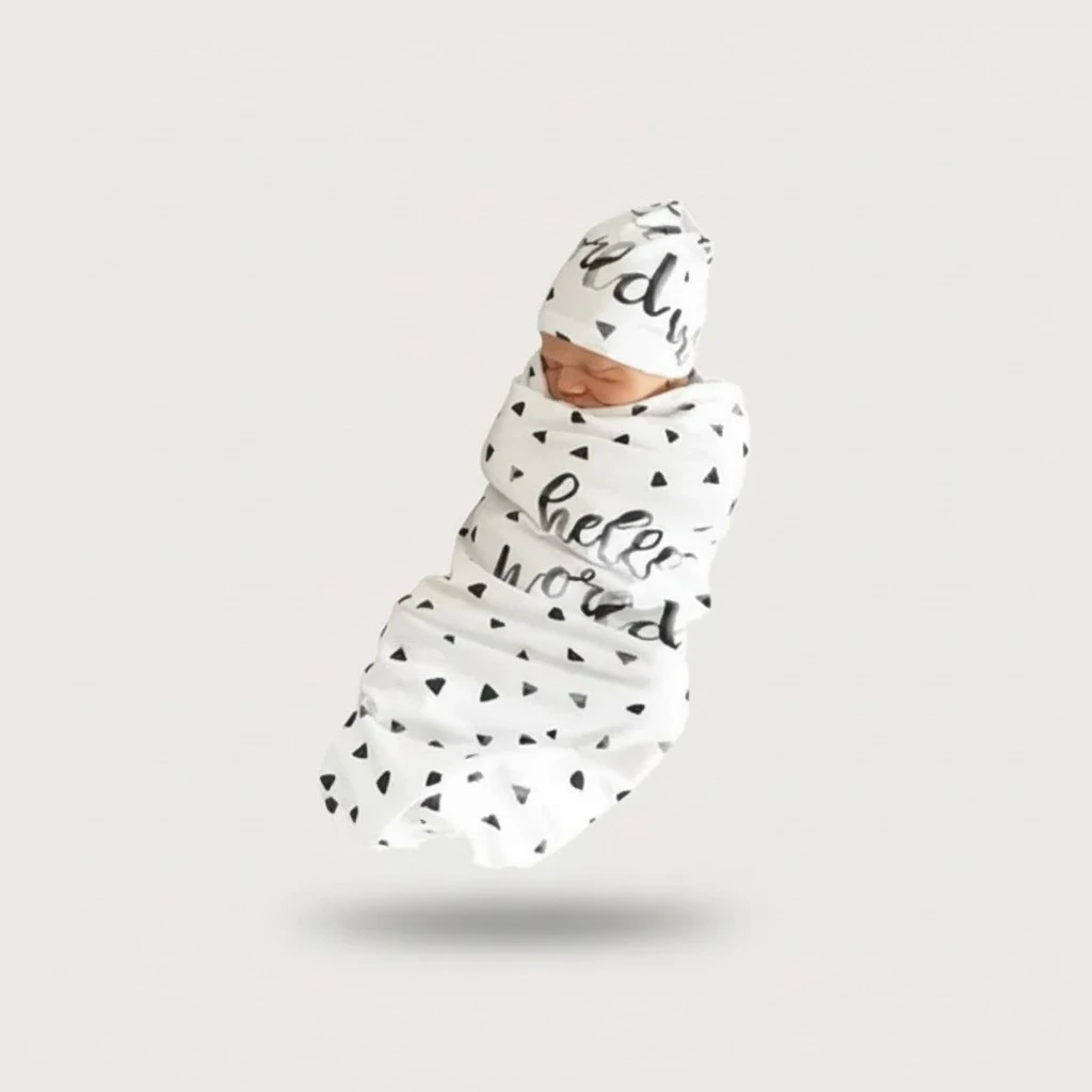 Newborn Baby Cotton Sleeping Bag, Blanket Swaddle Wrap+Printed Hat/Headband
